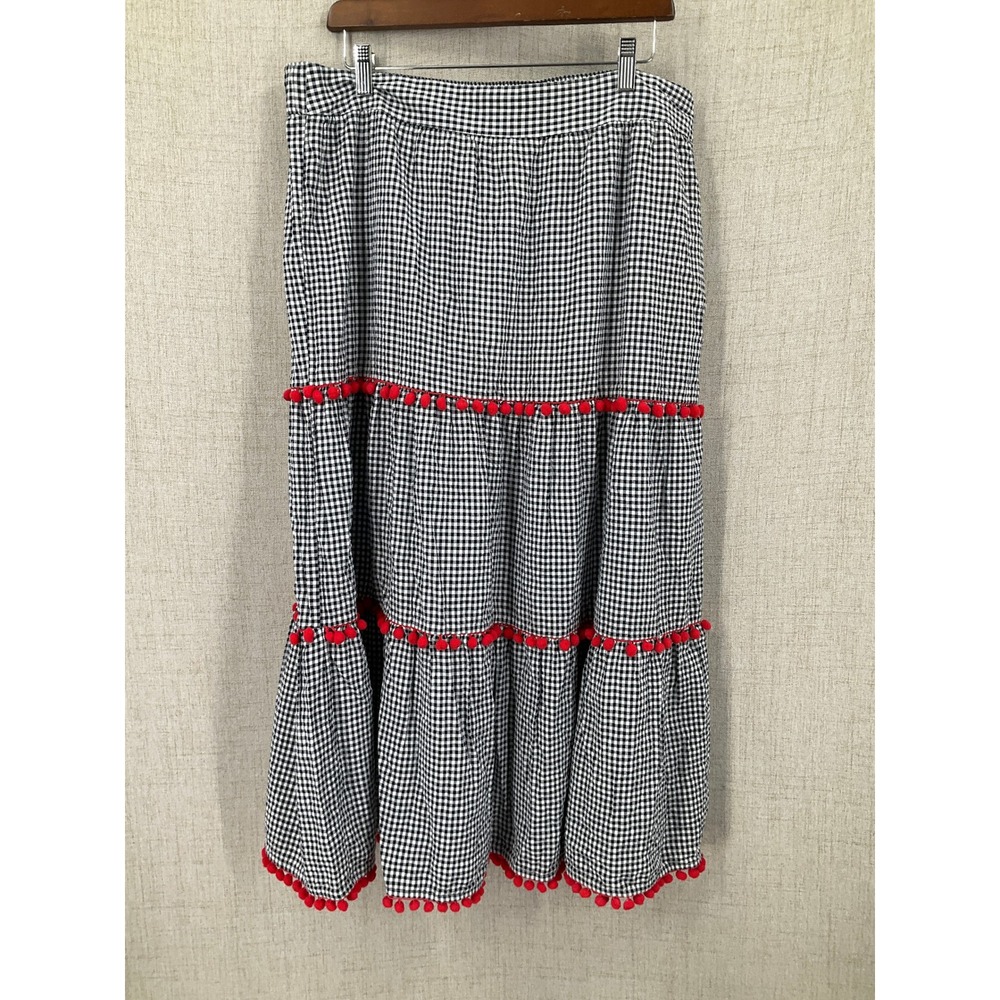 Crown & Ivy Skirt Womens XL Navy Gingham Seersucker Tiered Pom Pom Midi NEW